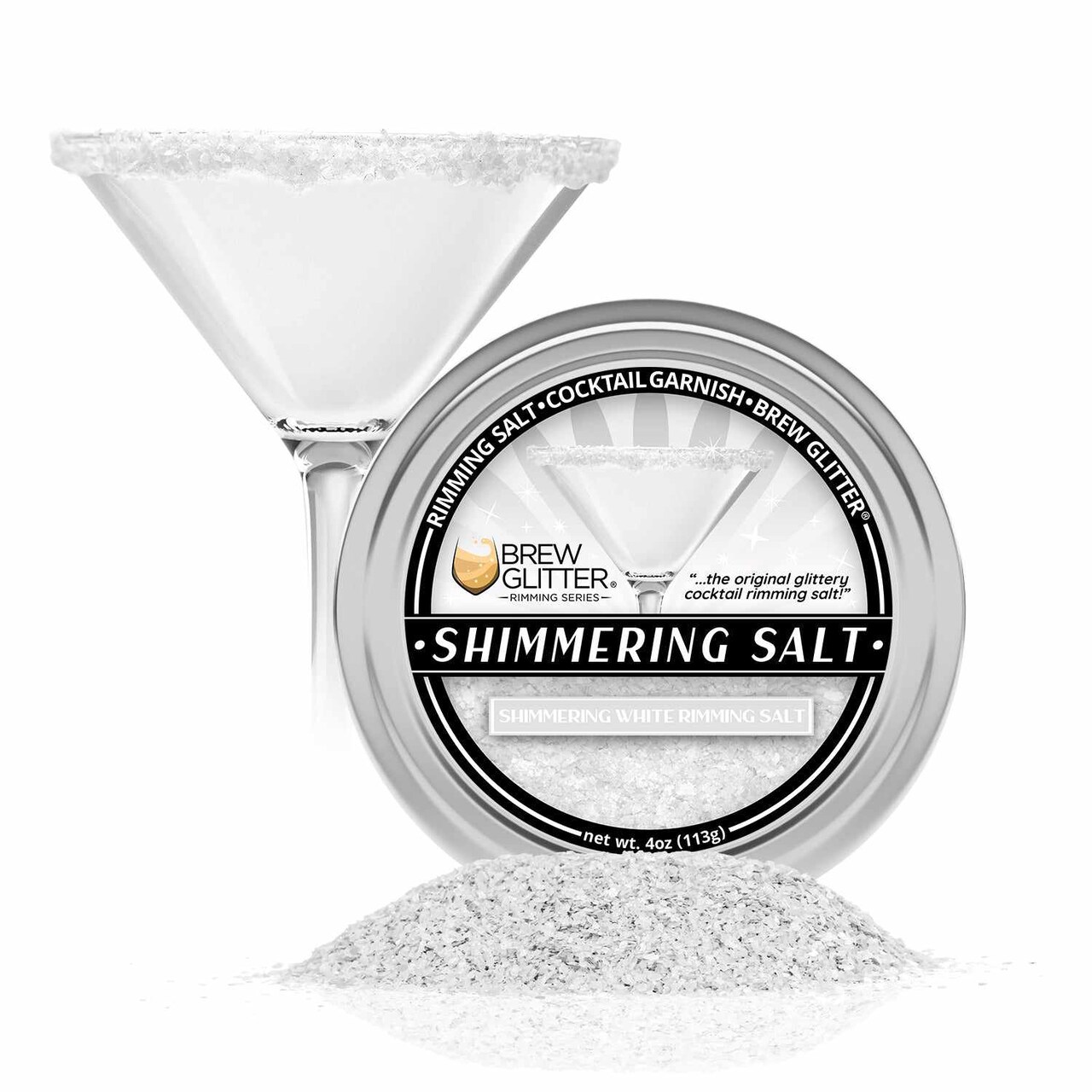 Brew Glitter - Shimmering White Rimming Salt (4oz, 1x Bar Tin) Edible Glitter Blended Cocktail Garnish for Mixed Drinks and Beverages